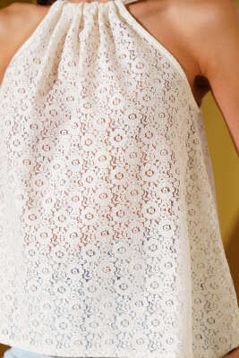 Çiçek Dantel Detaylı Bluz Bej - Thumbnail