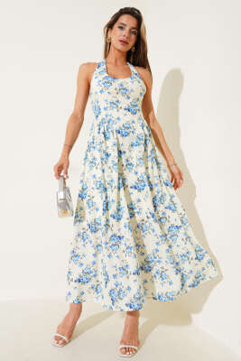 Pazarium - Çiçekli Boyundan Bağlamalı Elbise Mavi