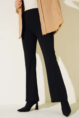 Pazarium - İspanyol Paça Bel Lastikli Dabıl Pantolon Siyah