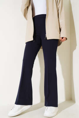 Pazarium - İspanyol Paça Bel Lastikli Dabıl Pantolon Lacivert