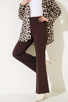 Pazarium - İspanyol Paça Bel Lastikli Dabıl Pantolon Acı Kahve