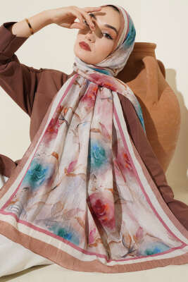 Pazarium - Flower Desen Bambu Kraş Şal Taba