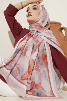 Pazarium - Flower Desen Bambu Kraş Şal Pudra