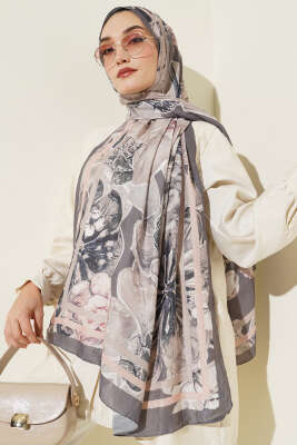 Pazarium - Şerit Geçişli Otantik Desenli Şal Füme