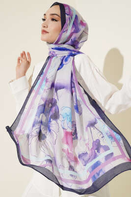 Pazarium - Çiçekli Şerit Geçiş Detaylı Şal Menekşe