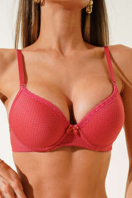 Pazarium - Jakarlı Dantel Detaylı Destekli Sütyen Nar Çiçeği