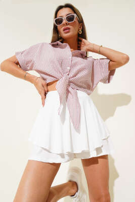 Pazarium - Çizgili Önden Bağlamalı Gömlek Magenta