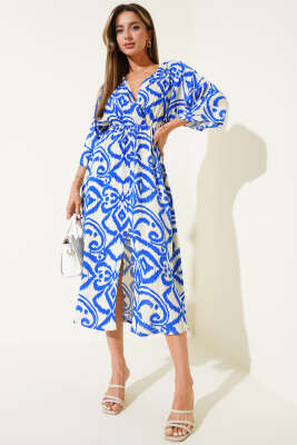 Yarasa Kollu Yırtmaçlı Elbise Saks - Thumbnail