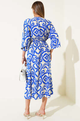 Yarasa Kollu Yırtmaçlı Elbise Saks - Thumbnail