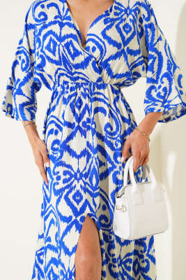 Yarasa Kollu Yırtmaçlı Elbise Saks - Thumbnail