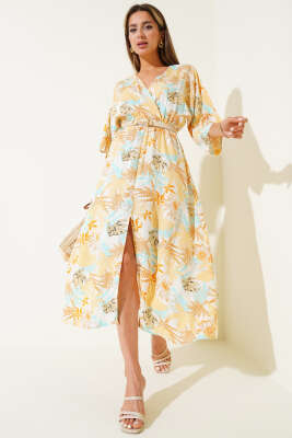 Pazarium - V Yaka Yaprak Desenli Beli Lastikli Elbise Hardal