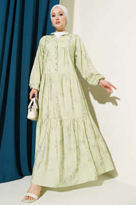 Pazarium - Taş Düğmeli Çiçek Desenli Elbise Su Yeşili