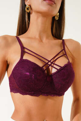 Pazarium - Silikonlu Destekli Dantelli Çapraz Sütyen Mürdüm