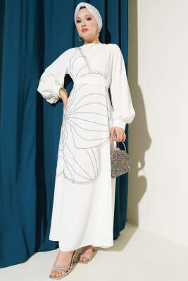 Pazarium - Taş Çiçek Süslümeli Abiye Elbise Beyaz