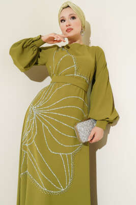 Pazarium - Taş Çiçek Süslümeli Abiye Elbise Yağ Yeşili