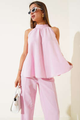 Kolsuz Bel Bağcıklı İkili Takım Pembe - Thumbnail