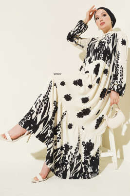 Pazarium - Yaka Bağcıklı Desenli Elbise Bej