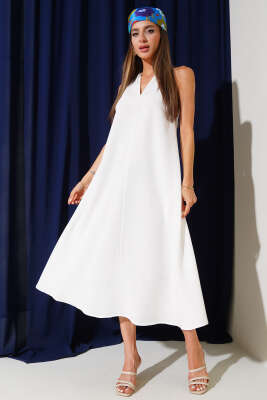 Pazarium - V Yaka Arkası Çapraz Elbise Beyaz