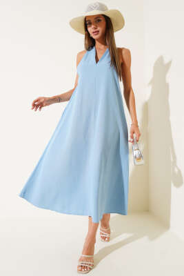 Pazarium - V Yaka Arkası Çapraz Elbise Mavi