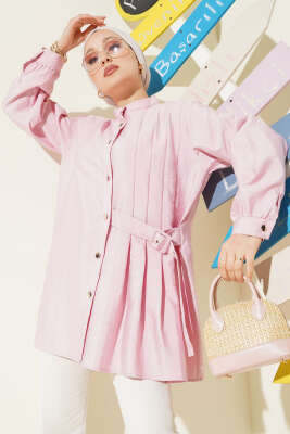 Pazarium - Pileli Tokalı Gömlek Pudra