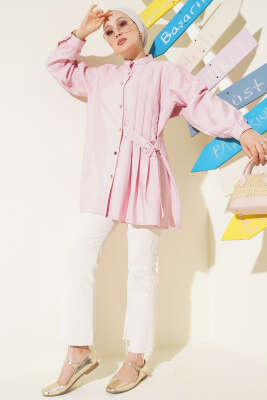 Pileli Tokalı Gömlek Pudra - Thumbnail