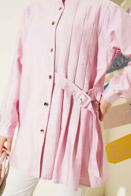 Pileli Tokalı Gömlek Pudra - Thumbnail