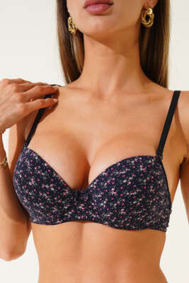 Pazarium - Çiçek Desenli Destekli Sütyen Lacivert