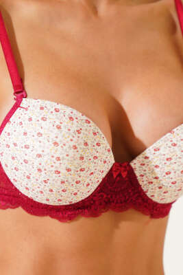 Çiçek Desenli Dantelli Destekli Sütyen Bordo - Thumbnail