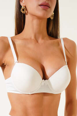 Pazarium - Destekli Kendinden Desenli Sütyen Ekru