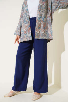 Pazarium - Beli Lastikli Tencel Pantolon Lacivert