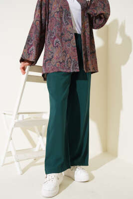 Pazarium - Beli Lastikli Tencel Pantolon Zümrüt