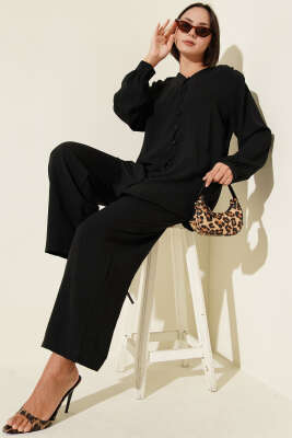 Pazarium - V Yaka Brit Düğmeli Ayrobin İkili Takım Siyah