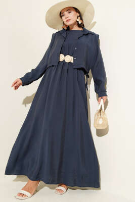 Boleronlu Beli Lastikli Elbise Lacivert - Thumbnail