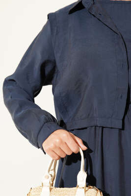 Boleronlu Beli Lastikli Elbise Lacivert - Thumbnail