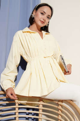 Pazarium - Önü Pilelİ Brit Düğmeli Gömlek Sarı