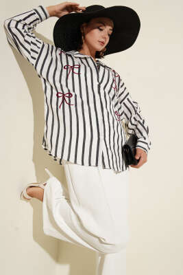 Pazarium - Kurdele Nakışlı Çizgili Gömlek Antrasit