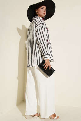 Kurdele Nakışlı Çizgili Gömlek Antrasit - Thumbnail