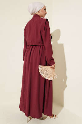 Boleronlu Beli Lastikli Elbise Bordo - Thumbnail