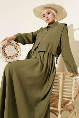 Boleronlu Beli Lastikli Elbise Haki - Thumbnail