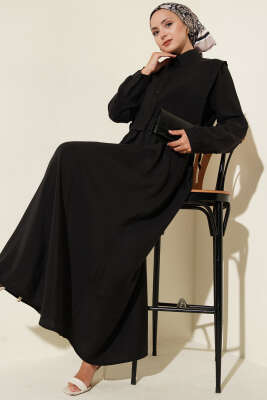 Pazarium - Boleronlu Beli Lastikli Elbise Siyah