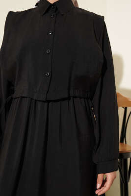 Boleronlu Beli Lastikli Elbise Siyah - Thumbnail