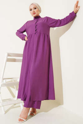 Pazarium - Yarım Düğmeli Uzun İkili Takım Mor