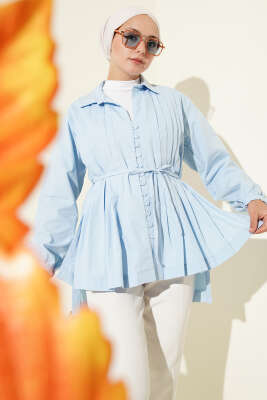 Pazarium - Önü Pilelİ Brit Düğmeli Gömlek Bebe Mavi