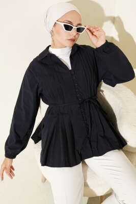 Pazarium - Önü Pilelİ Brit Düğmeli Gömlek Lacivert