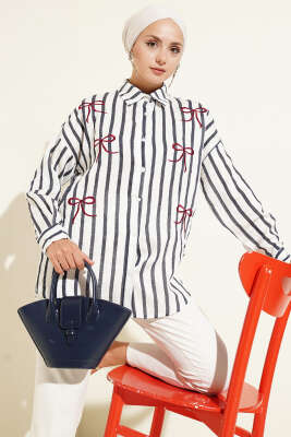 Kurdele Nakışlı Çizgili Gömlek Lacivert - Thumbnail