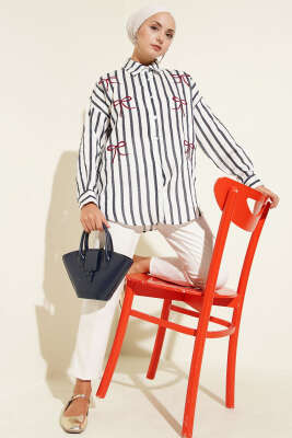 Kurdele Nakışlı Çizgili Gömlek Lacivert - Thumbnail