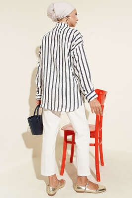 Kurdele Nakışlı Çizgili Gömlek Lacivert - Thumbnail