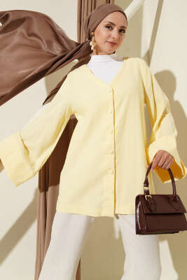 Pazarium - V Yaka Salaş Keten Gömlek Sarı