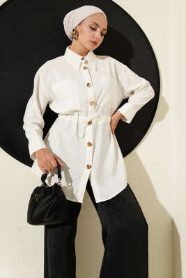 Çift Cepli Metal Düğmeli Detaylı Gömlek Ekru - Thumbnail