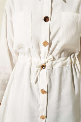 Çift Cepli Metal Düğmeli Detaylı Gömlek Ekru - Thumbnail